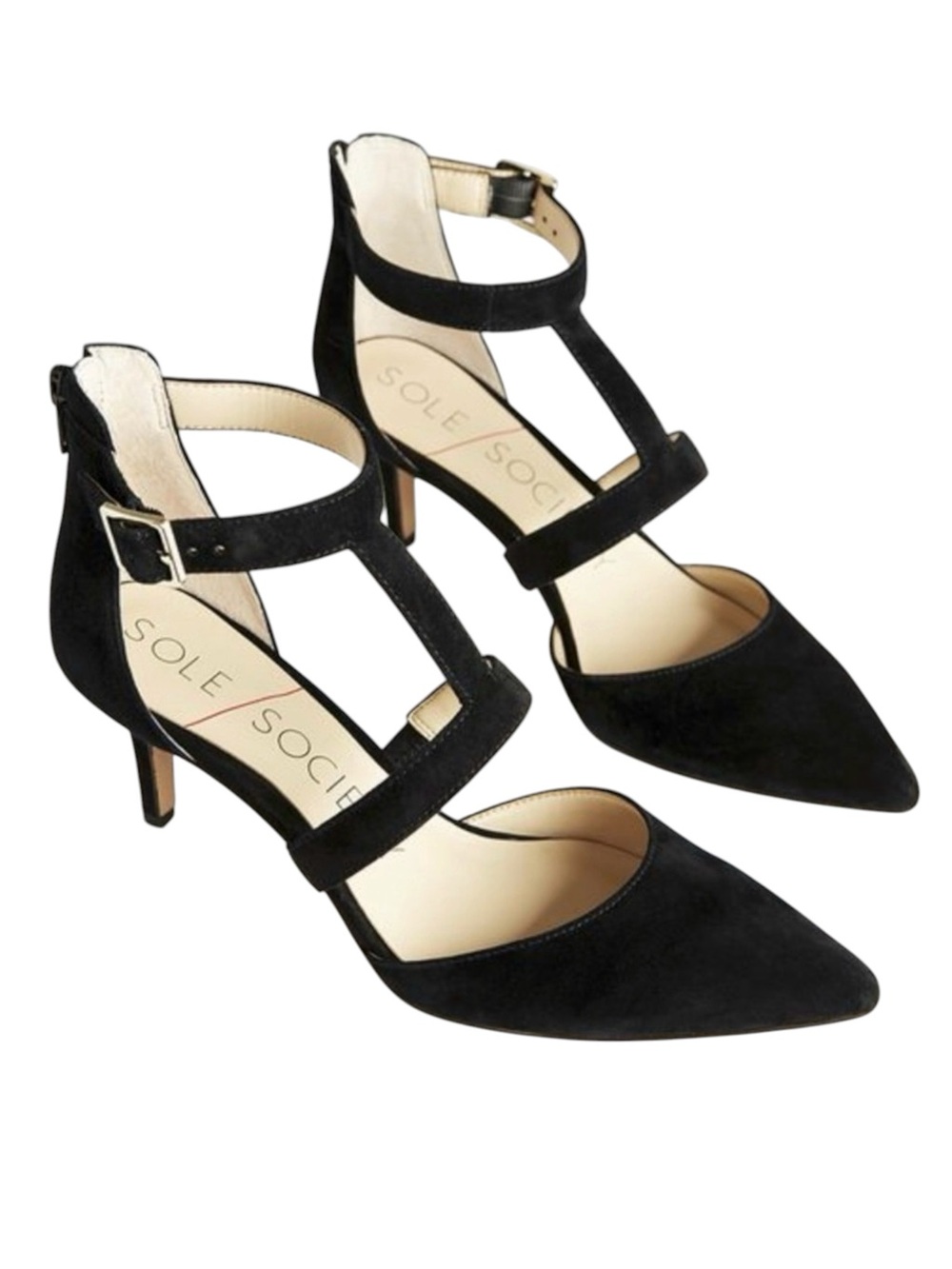 Sole Society Edelyn Black Suede Pointed Toe Heels Ankle Strap Womens Size 6